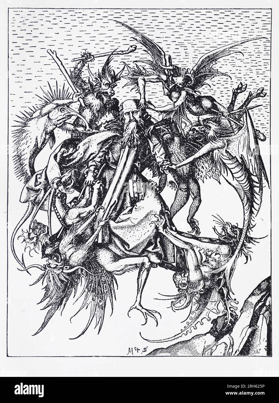 Der Heilige Antonius wurde von Dämonen gefoltert. Nach einem Design von Martin Schongauer. Gravur aus dem Leben der Heiligen von Sabin Baring-Gould. Stockfoto