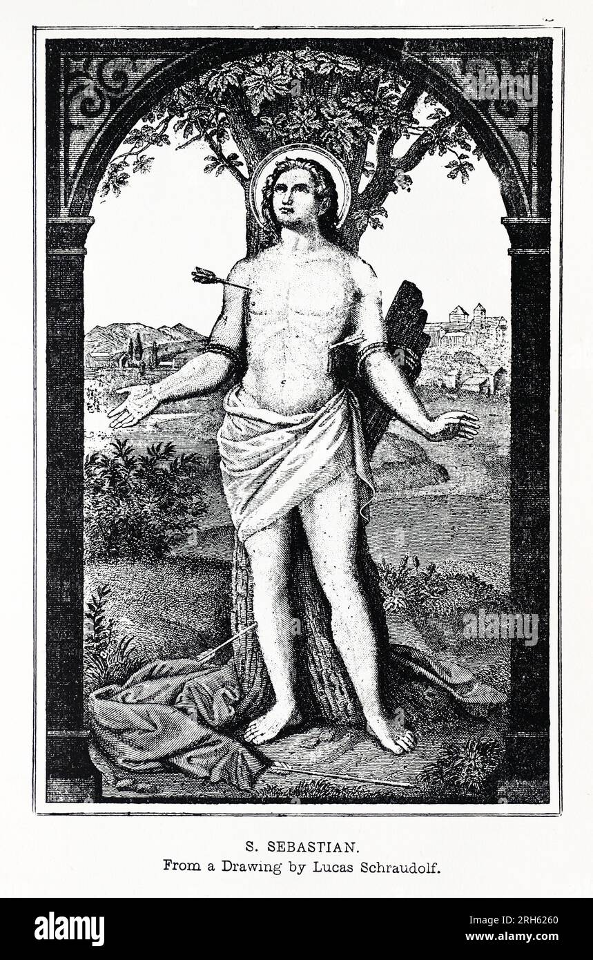 Der Heilige Sebastian aus einer Zeichnung von Lucas Schrudolf. Gravur aus dem Leben der Heiligen von Sabin Baring-Gould. Stockfoto