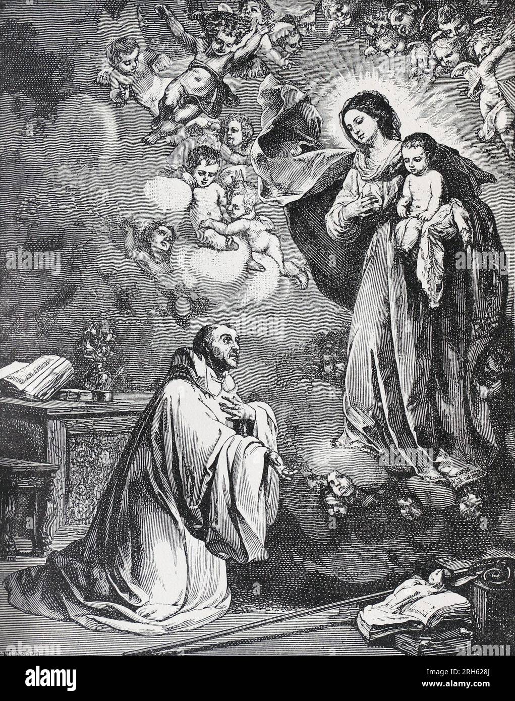 Die Jungfrau Maria erschien dem Heiligen Ildephonus nach einem Gemälde von Bartolomé Esteban Murillo. Gravur aus dem Leben der Heiligen von Sabin Baring-Gould. Stockfoto