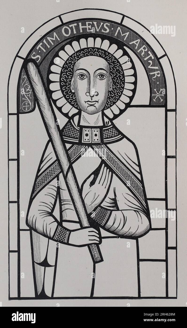 St. Timothy, aus einem Buntglasfenster aus dem 11. Jahrhundert in Neuweiler. Gravur aus dem Leben der Heiligen von Sabin Baring-Gould. Stockfoto