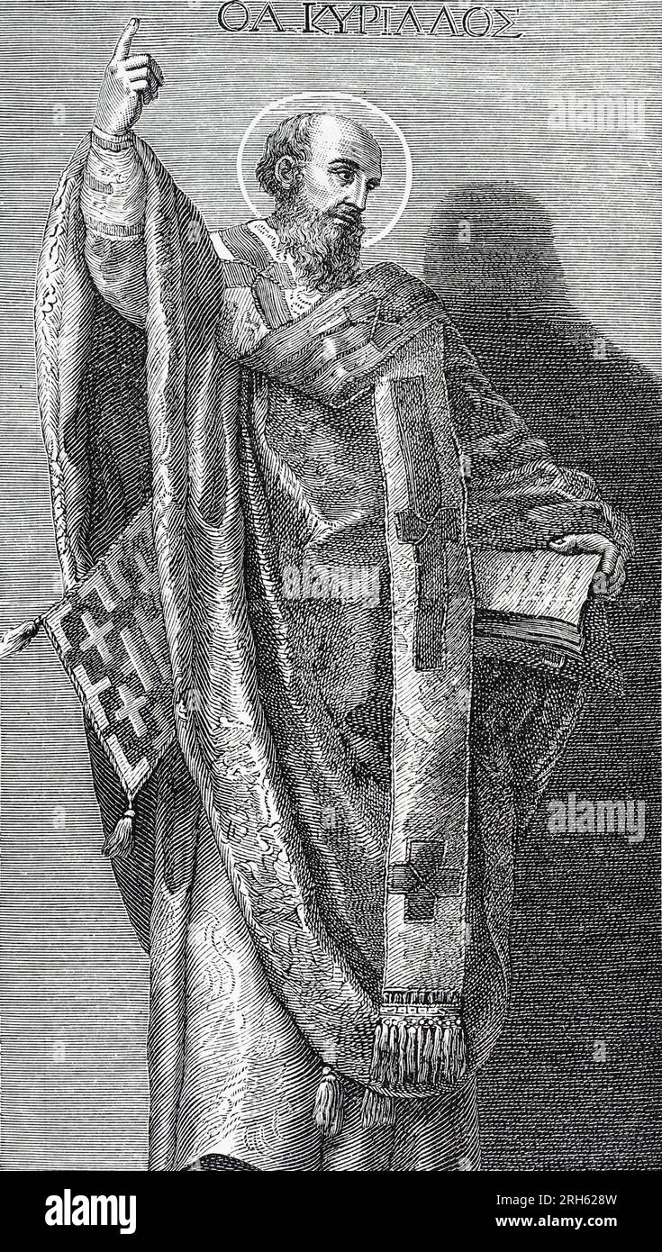 St. Cyril von Alexandria. Nach dem Bild von Domenico Zampieri in der Kirche Grotto Ferrata, Rom. Gravur aus dem Leben der Heiligen von Sabin Baring-Gould. Stockfoto