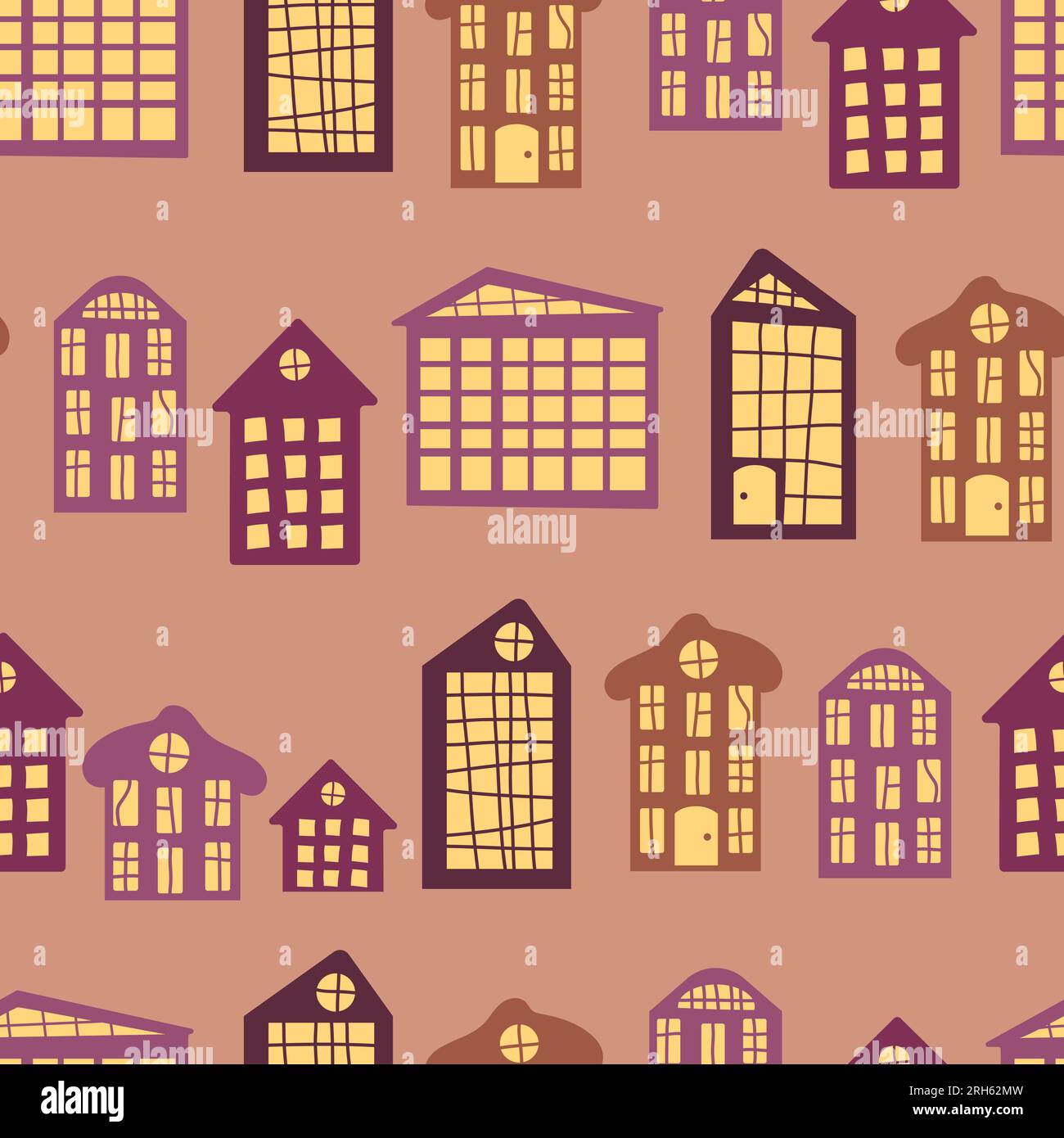 Gemütliche abendliche Kinderhäuser im skandinavischen Stil in warmen Farben. Vektordarstellung, Nahtloses Muster für Kinderzimmer, Tapete, Drucken auf Stoff, Pac Stock Vektor