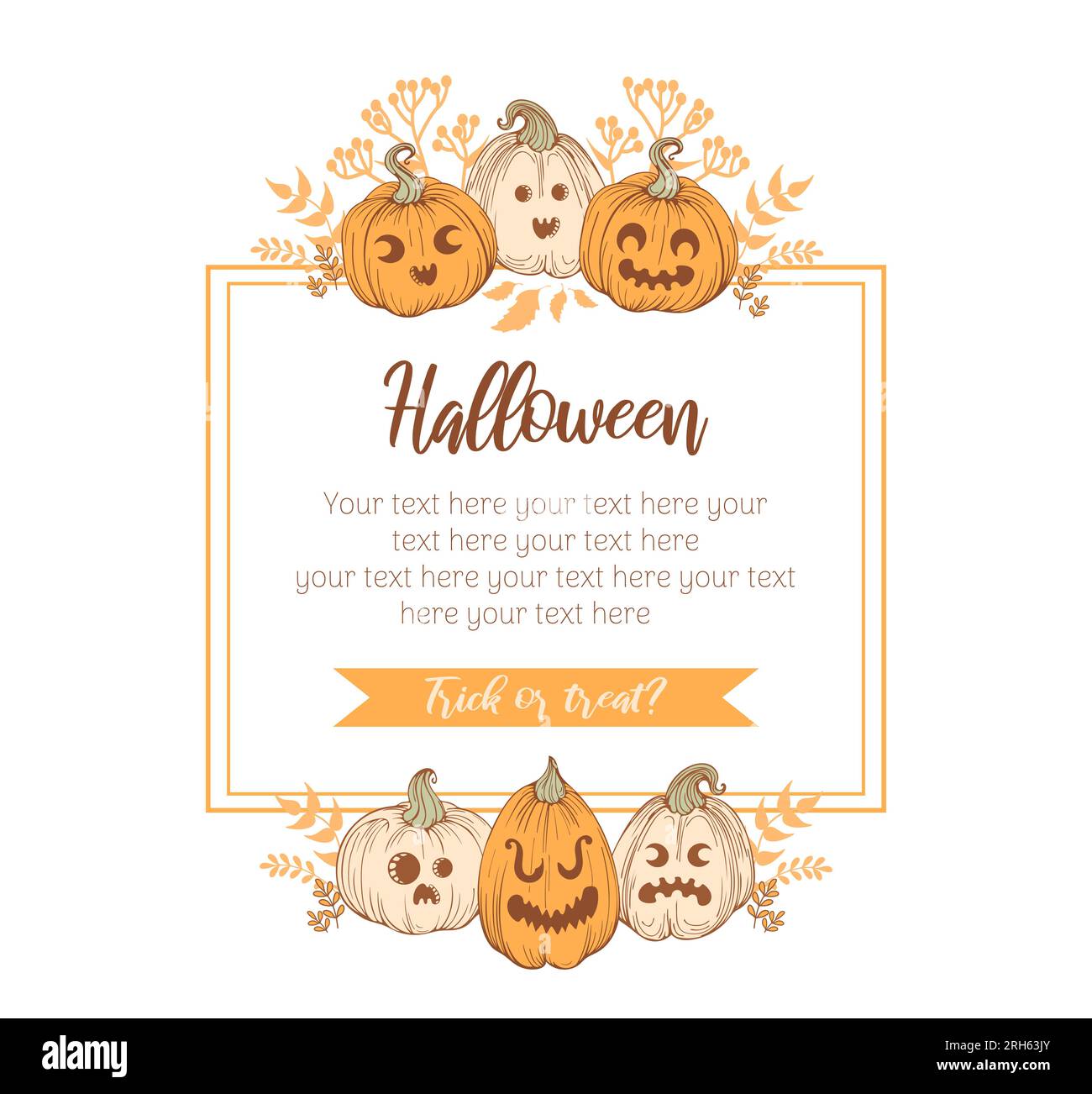 Rahmen mit Jack o Laterne. Frohes Halloween. Klassische Kürbisse im handgezeichneten Stil mit beängstigenden und lustigen Gesichtern. Für Rahmen, Vorlagen, Postkarten, Banner, Stock Vektor
