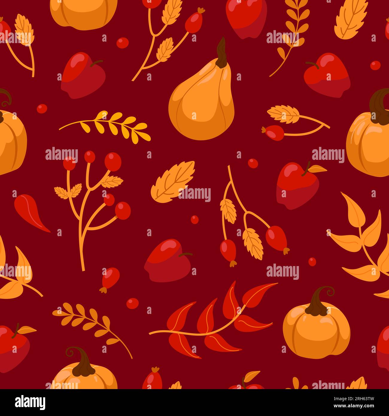 Hallo, Herbst. Ernte. Kürbisse, Beeren, Blätter, Äpfel. Leuchtendes, nahtloses Muster mit natürlichen Obst- und Pflanzenelementen. Für Tapeten drucken Sie o Stock Vektor