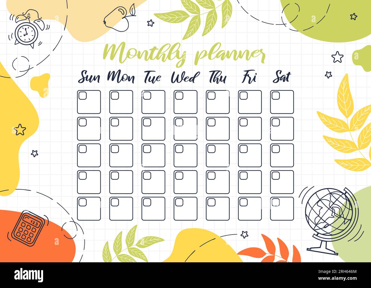 Monatsplaner. Vorlagendesign, wichtige Daten. Zeitplan für Druck, Kalender für Untersuchung oder Arbeit. Lernattribute - Wecker, Taschenrechner, g Stock Vektor