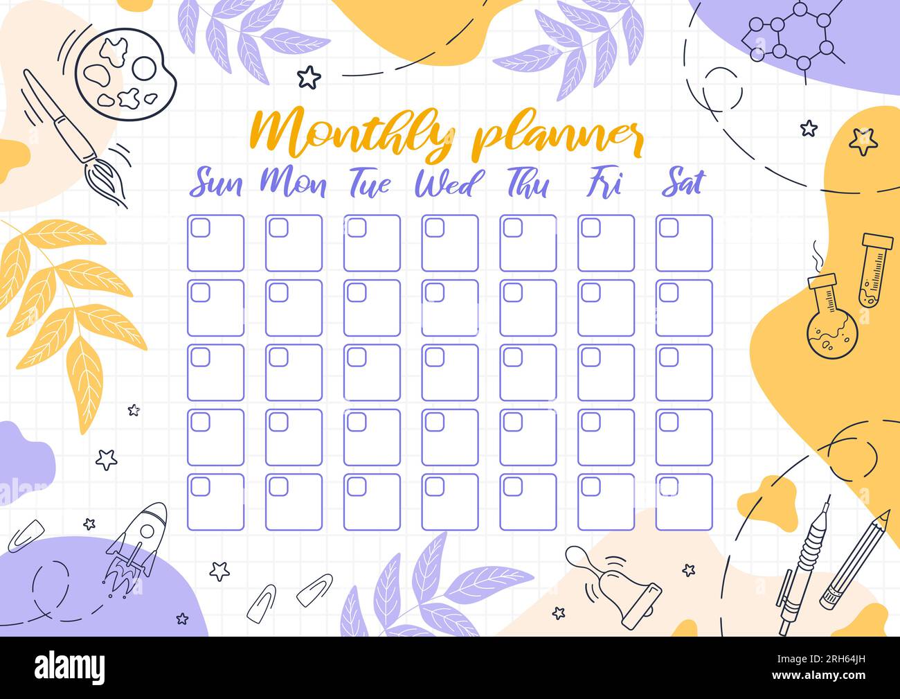 Monatsplaner. Vorlagendesign, wichtige Daten. Zeitplan für Druck, Kalender für Untersuchung oder Arbeit. Attribute für Chemie und Zeichnen, Schule Bel Stock Vektor