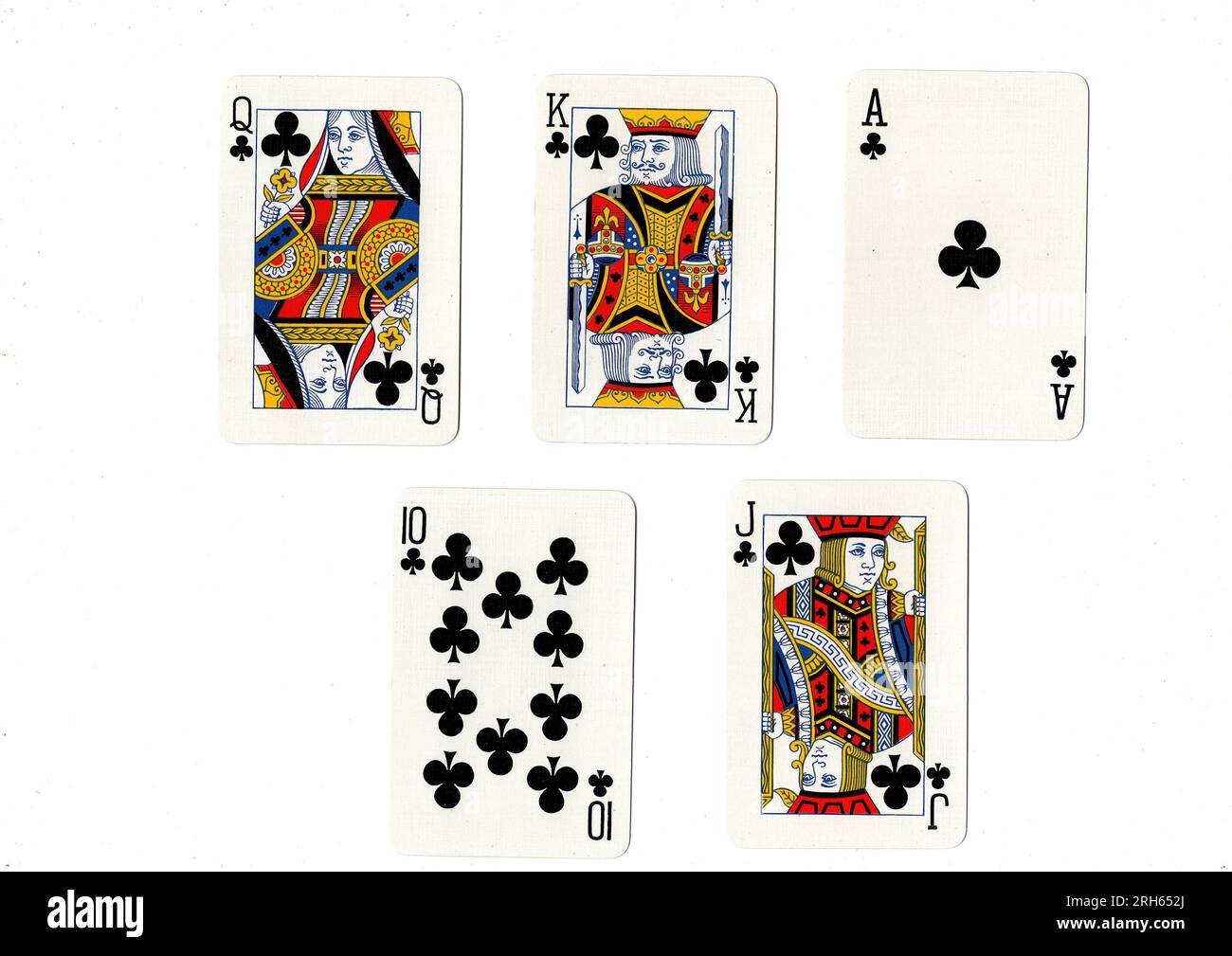 Eine Pokerhand mit Spielkarten, die einen königlichen Flush von Clubs zeigt. Stockfoto