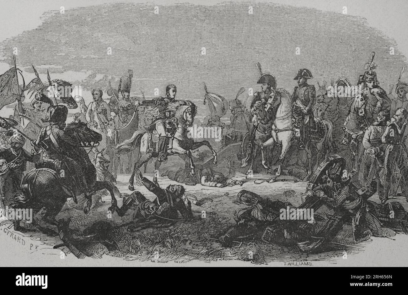 Schlacht von Austerlitz oder Schlacht der drei Kaiser (2. Dezember 1805). Teil des Krieges der Dritten Koalition (Napoleonische Kriege). Die französische Armee Napoleons I. besiegte die russisch-österreichischen Truppen von Zar Alexander I. und Kaiser Franz I. Gravur von T. Williams Aftter Francois Gerard. „Los Heroes y las Grandezas de la Tierra“. Tomo VI 1856. Stockfoto