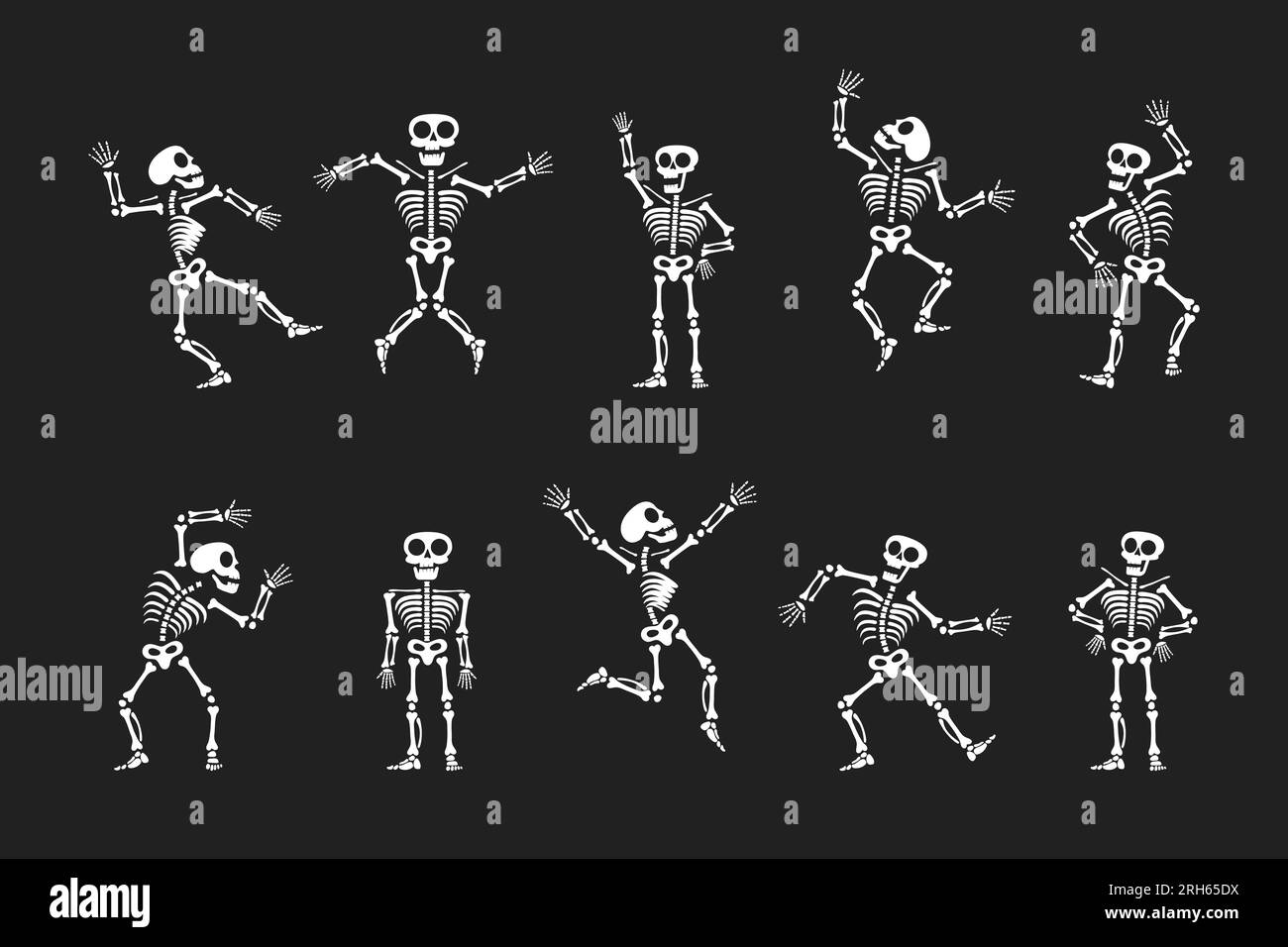 Skelette tanzen mit verschiedenen Positionen flaches Design Vektorbildungs-Set. Lustiger Tanz Halloween oder Day of the Dead Skeletons Sammlung. Stock Vektor