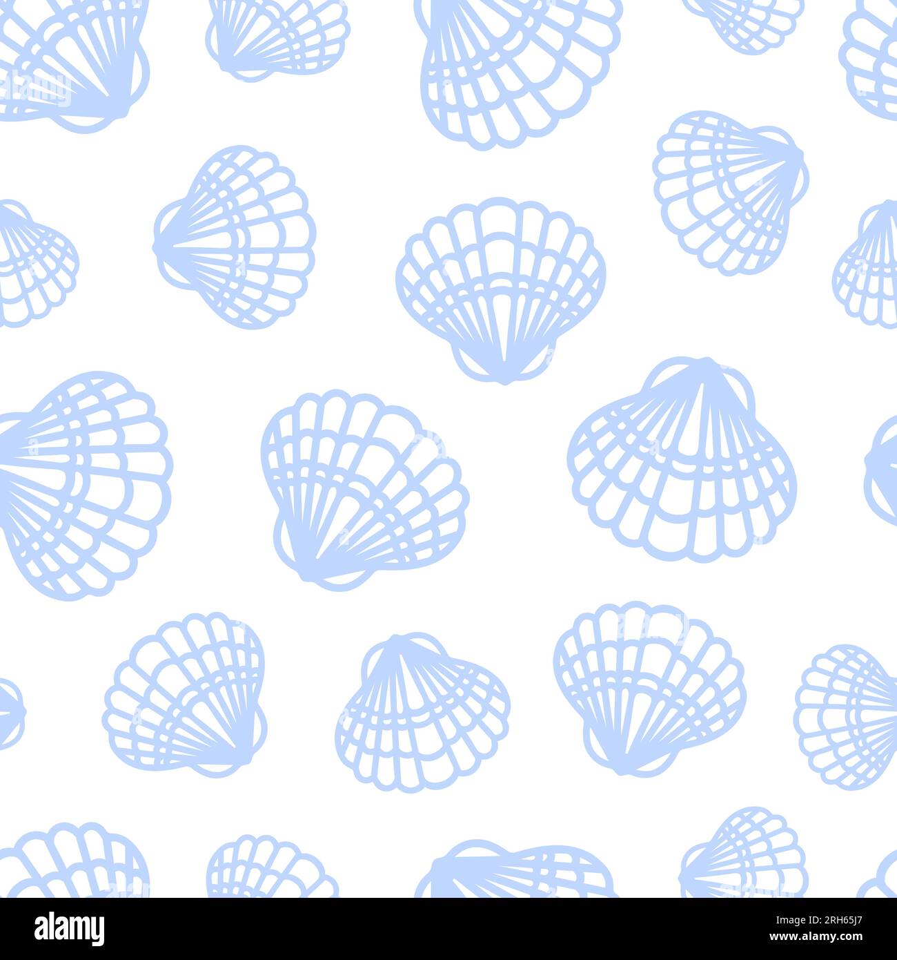 Sommer: Minimalistisches nahtloses Muster mit Muscheln. Jakobsmuscheln, Pectinidae, Muscheln. meeresbewohner. Weiß und Blau. Styling für Strichzeichnungen Stock Vektor