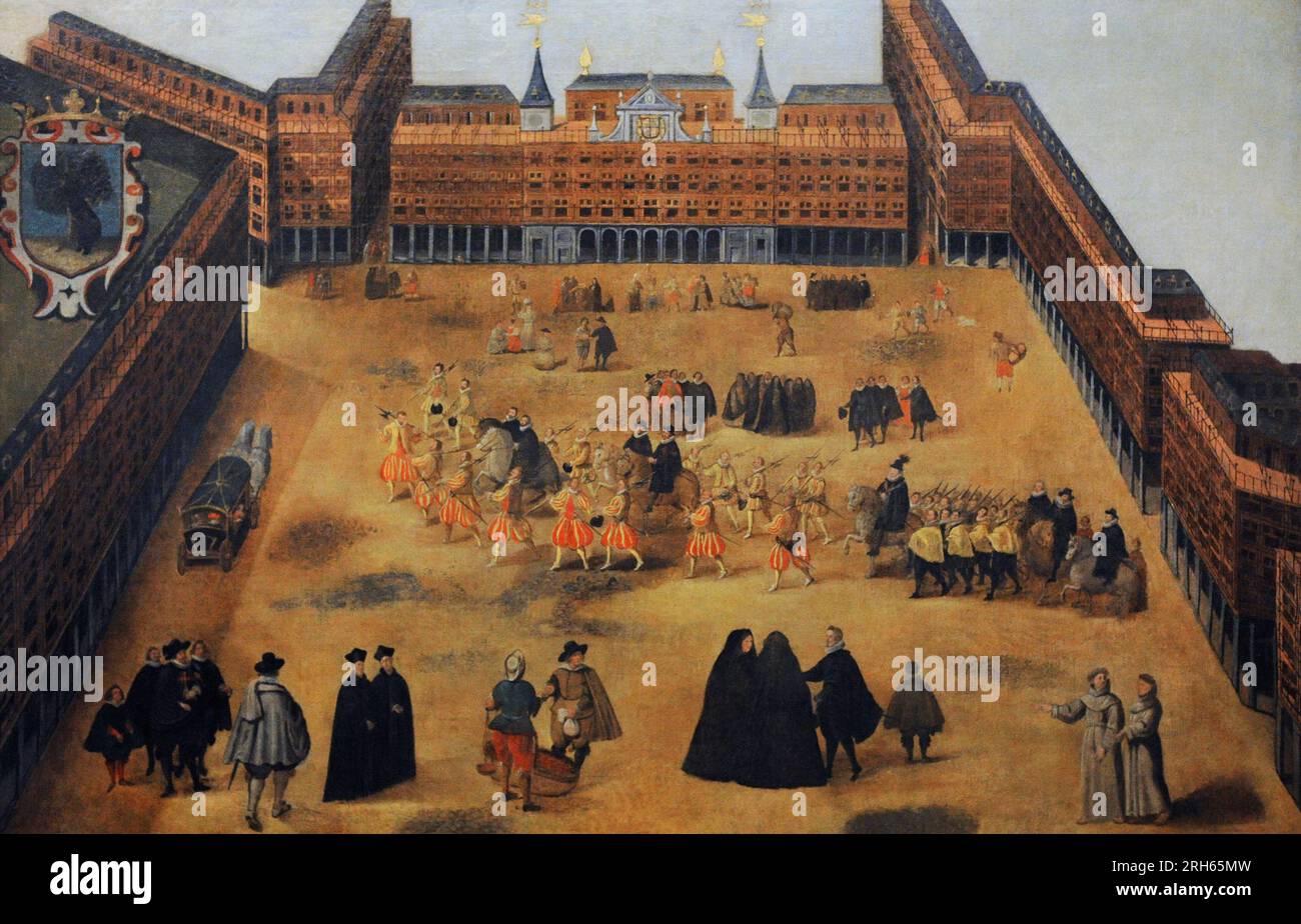 Perspektive des Hauptplatzes (Plaza Mayor), Madrid, ca. 1620 km. Geschichtsmuseum, Madrid, Spanien. Stockfoto