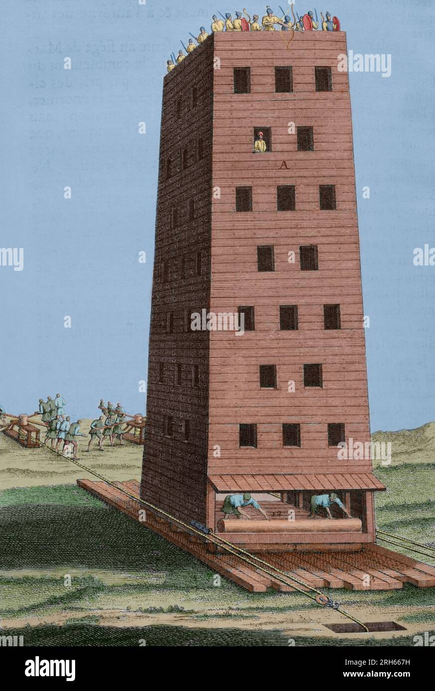 Geschichte von polybius. Band II. Französische Ausgabe aus dem Griechischen übersetzt von Dom Vincent Thuillier. Kommentare der militärischen Wissenschaft angereichert mit kritischen und historische Notizen von M. de Folard. Paris, Chez Pierre Gandouin, Julien-Michel Gandouin, pierre-francois Giffart und Nicolas-Pierre Armand, 1727. Drucken von Jean-Baptiste Lamesle. Gallischen Kriege. Militärischen Konflikt zwischen Julio Cesar und die gallischen Stämme, 58-51 BC. Belagerung von Namur, 54 BC. Kupferstich mit der Darstellung eines mobilen Belagerungsturm, auf Baumstämmen befestigt und von Soldaten mit Hilfe der Kurbeln geschoben. Gravur. Später Färbung. Stockfoto