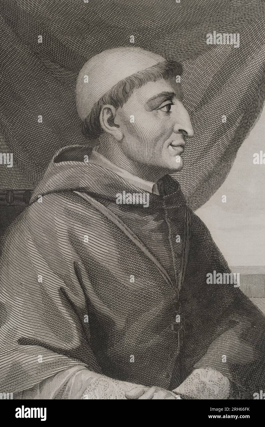 Francisco Jimenez de Cisneros, bekannt als Kardinal Cisneros (1436-1517). Kardinal, Erzbischof von Toledo, Primatin von Spanien und 3. Generalinquisitor von Kastilien. Porträt. Gravur von Antonio Roca Sallent. Las Glorias Nacionales, 1853. Stockfoto