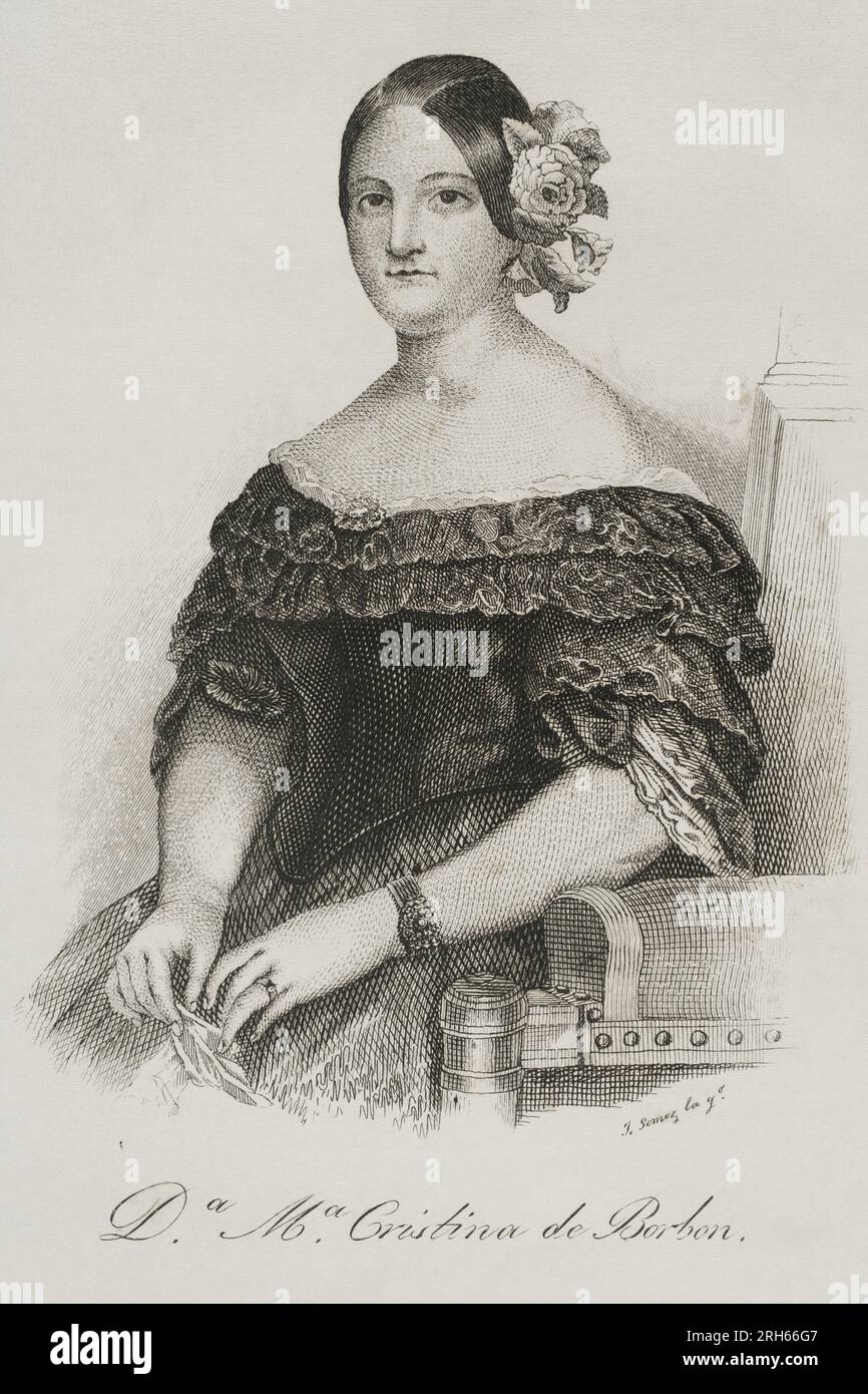 Maria Cristina de Borbon Dos Sicilias (1806-1878). Königin Gemahlin Spaniens zwischen 1829 und 1833 durch ihre Ehe mit König Ferdinand VII, dessen vierte und letzte Frau sie war. Regentin des Königreichs zwischen 1833 und 1840. Porträt. Gravur von Jose Gomez. Panorama Espanol, Cronica Contemporanea. Madrid, 1842. Stockfoto