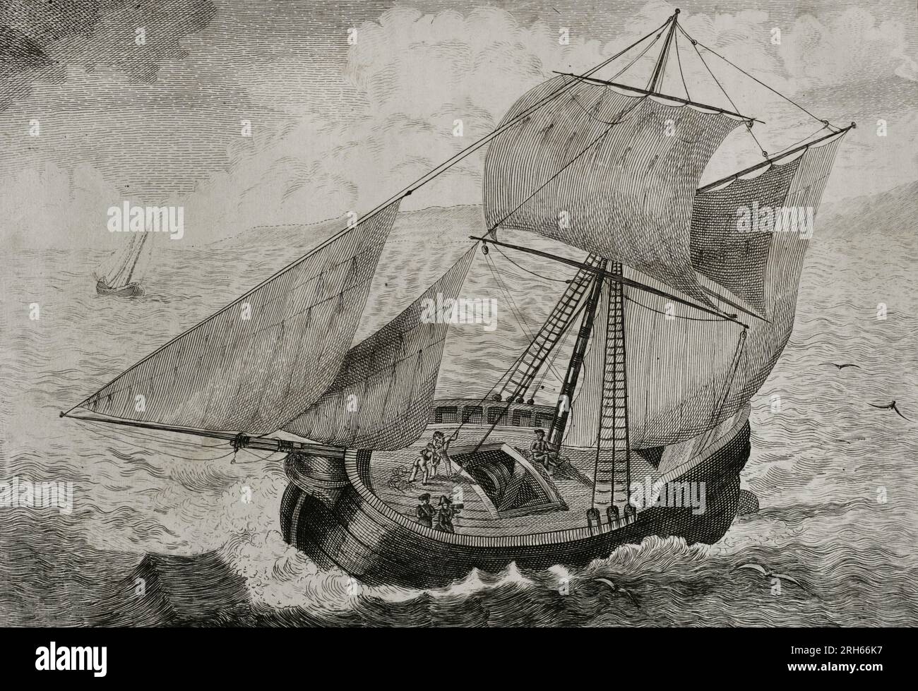 Spanien. First Carlist War (1833-1840). Bürgerkrieg, der Carlists, Unterstützer der Infante Carlos Maria Isidro de Borbon, gegen die Isabelinos (Elizabethaner), die Verteidiger von Isabel II und die Regentin Maria Cristina de Borbon gegenüberstand. Carlos Maria Isidro ließ sich in London nieder, nachdem er wegen der Schikanierung des liberalen Generals Rodil aus Portugal geflohen war. Obwohl er unter Beobachtung stand, erreichte er im Juli 1834 Frankreich und schloss sich den Truppen von Tomas Zumalacarregui in Navarre an. Don Carlos segelt nach Frankreich. Von Brighton nach Dieppe segeln, die Stadt, von der er nach Paris reiste. Illustration von Manuel Miranda. De Stockfoto