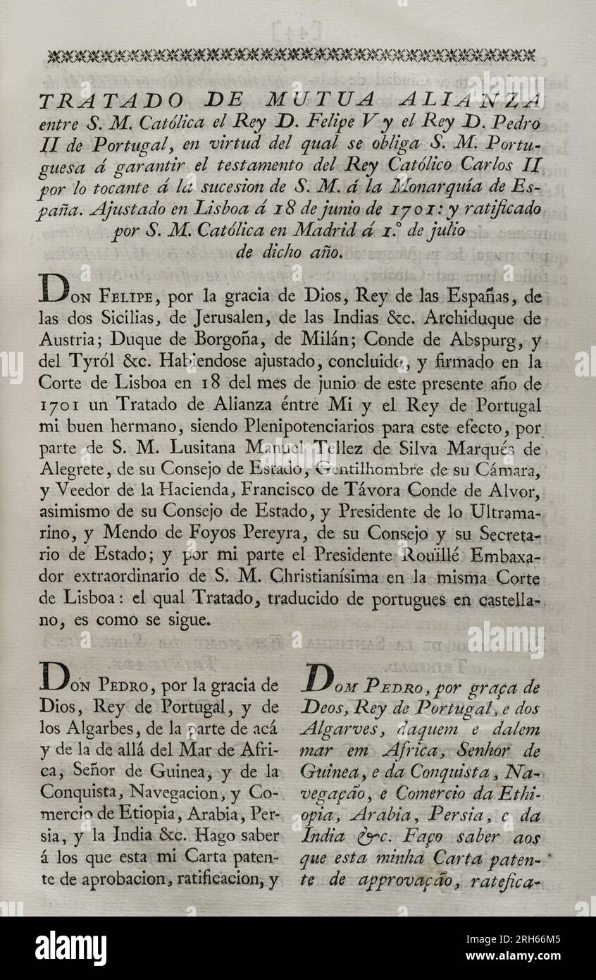Vertrag von Lissabon“ (1701). Vertrag über das gegenseitige Bündnis zwischen Philip V von Spanien und Pedro II von Portugal, aufgrund dessen der portugiesische Monarch verpflichtet war, den Willen von König Karl II. Für die Nachfolge des spanischen Throns zu garantieren. König Pedro II. Garantierte Unterstützung für Philip V. und nicht für den Heuchler Karl von Österreich. Unterzeichnet in Lissabon am 18. Juni 1701 und ratifiziert in Madrid am 1. Juli dieses Jahres. Sammlung der Verträge über Frieden, Allianz und Handel, angepasst durch die Krone Spaniens mit den ausländischen Mächten (Coleccion de los Tratados de Paz, Alianza, Comercio ajustados por l Stockfoto