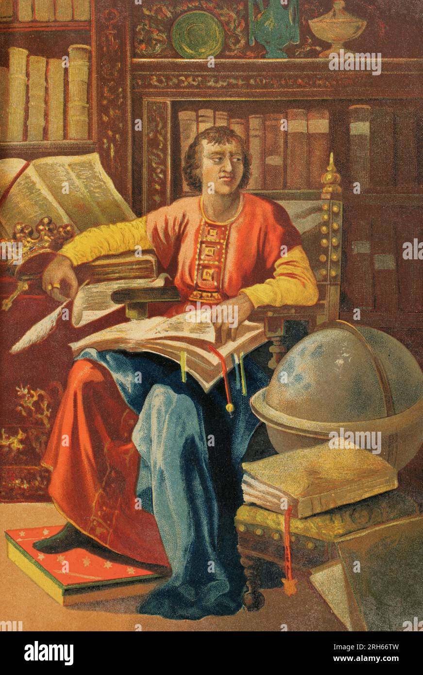 Alfonso X von Kastilien, genannt „der Weise“ (1221-1284). König von Kastilien und Leon. Hochformat. Chromolithographie. "Historia Universal" (Universale Geschichte) von Cesar Cantu. Volumen VI Veröffentlicht in Barcelona, 1885. Stockfoto