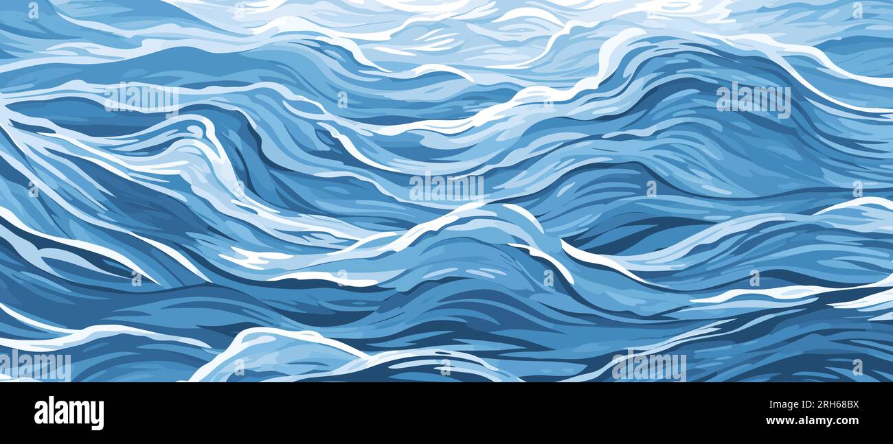 Blaue Wellen und Wasserspritzer Wellen flache Oberfläche Vektordarstellung. Das Meer oder der Fluss spritzt den Hintergrund des Wassers. Eine unruhige Oberfläche Stock Vektor