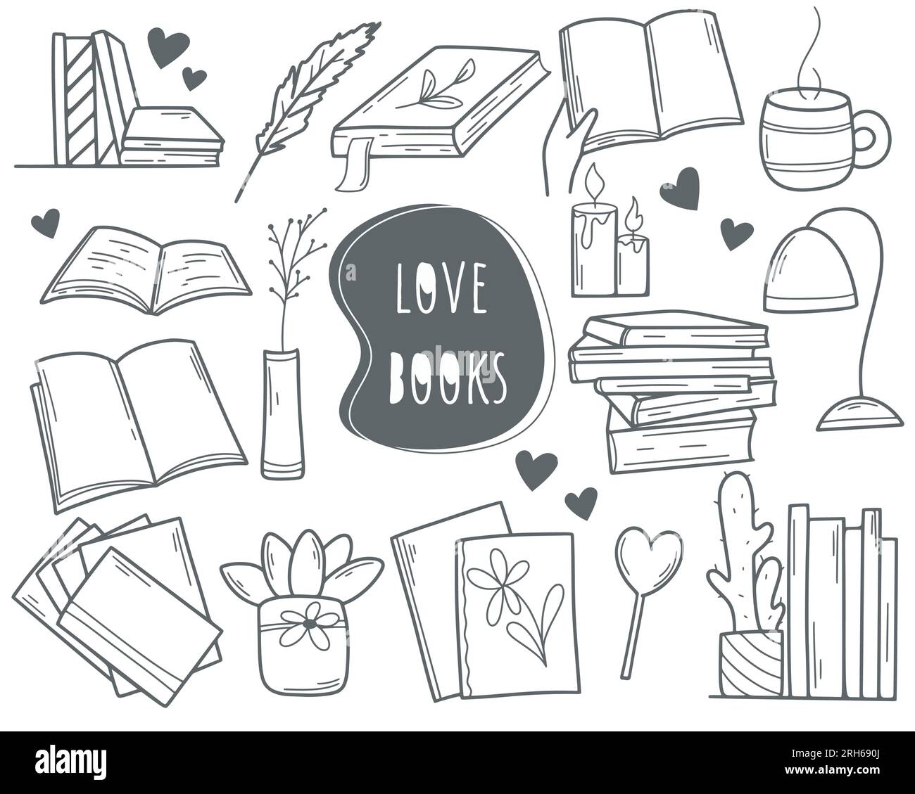 Handgezeichnetes Buch-Set mit Tinte. Eine Sammlung von Büchern kritzelt den Skizzenstil. Liebe zu Büchern und Lesekonzept, Vektordarstellung Stock Vektor