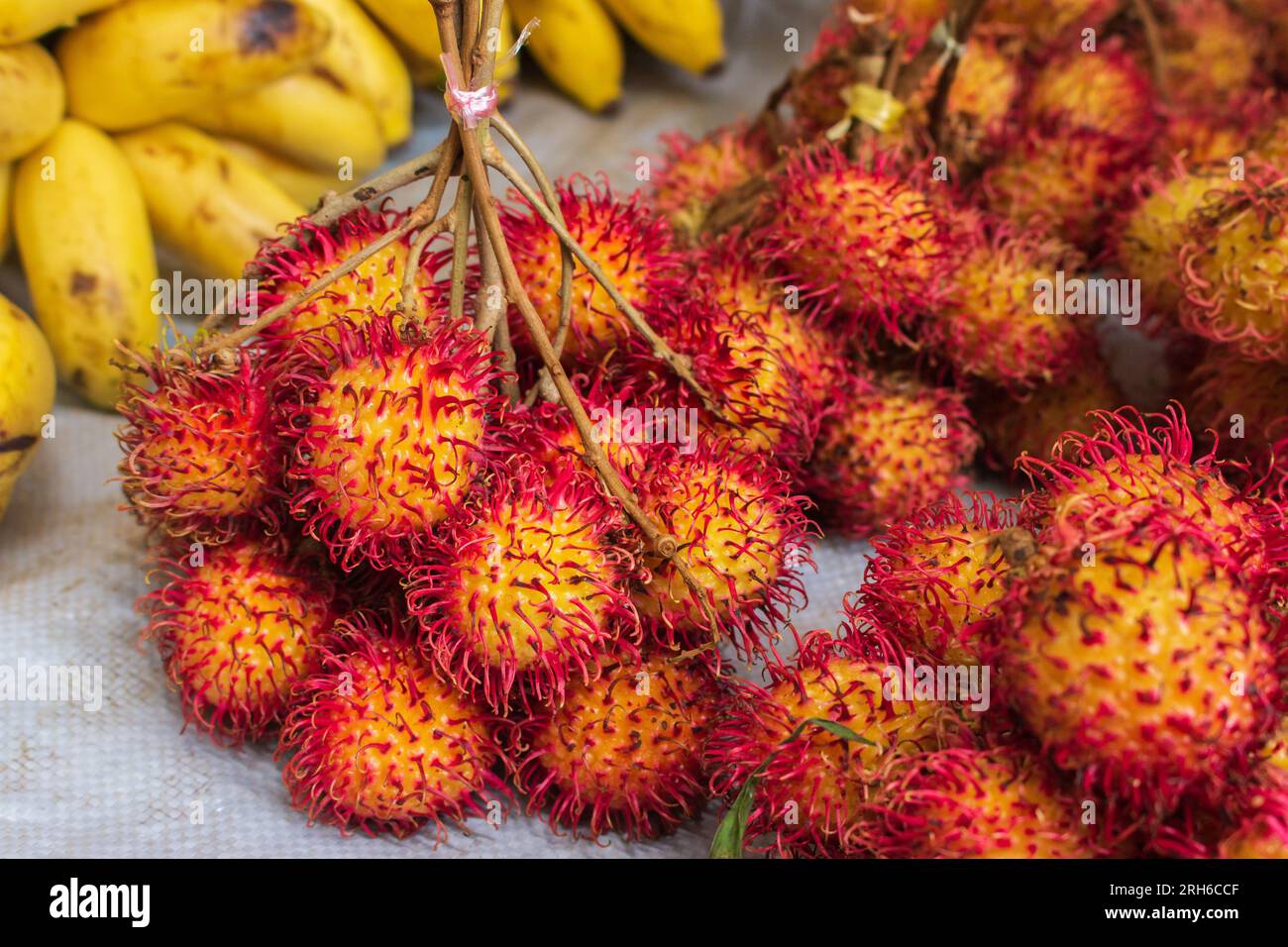 Ein Haufen reifer Rambutan. Süße tropische Früchte. Ein Stapel roter Lychee. Vegetarisches Essen. Köstliches Obst. Exotische Lebensmittel. Tropischer Straßenmarkt. Stockfoto