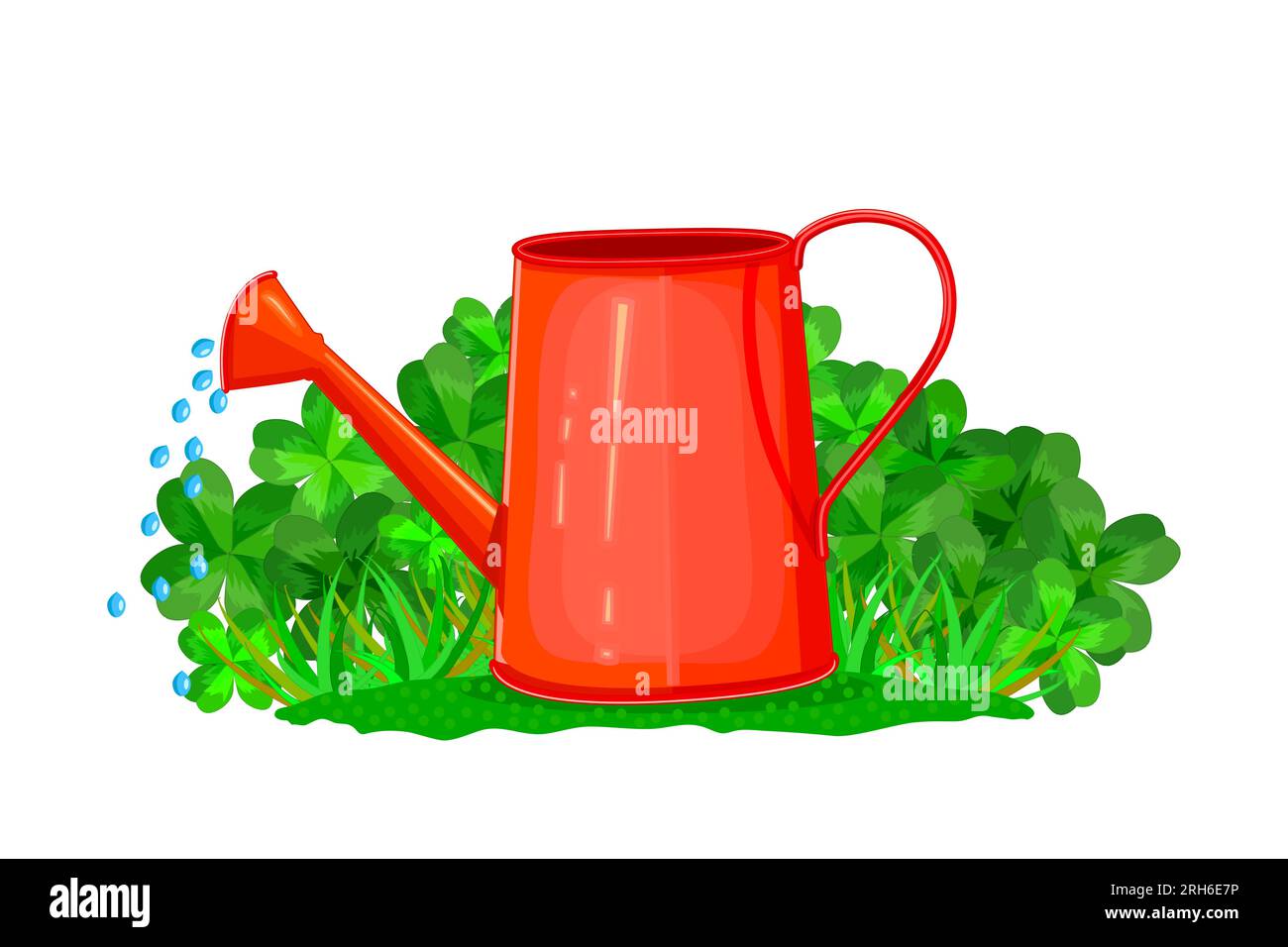 Gras, Klee und Gießkanne. Der Gießtopf steht auf dem Grasbusch. Saisonales Gartengeräte-Konzept. Bewässerung der jungen Pflanzen aus der Gießkanne.Vector Stock Vektor