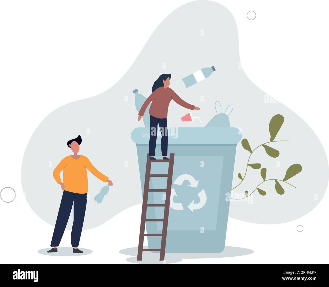 Die Leute räumen Müll auf. Freiwillige sammeln Müll zum Recycling. Winzige Leute sammeln Plastikabfälle und geben sie in einen riesigen Müll. Flachvektor illustr Stock Vektor