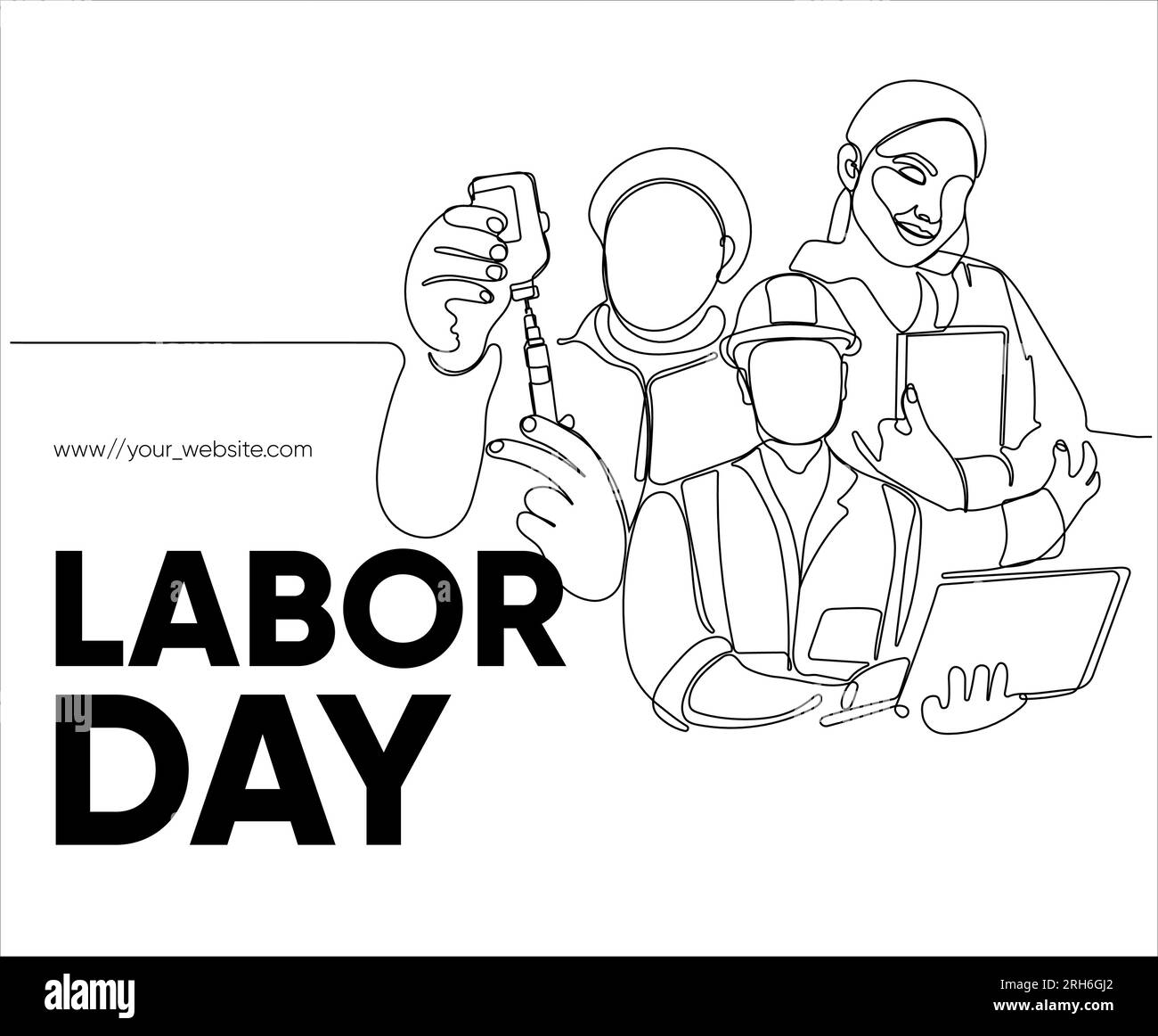 Happy Labour Day einfaches Vektor-Webbanner. Werkzeugsatz. Schriftzug Zum Tag Der Arbeit. Schwarzweißer Hintergrund, Banner, Poster. Vektordarstellung Stock Vektor