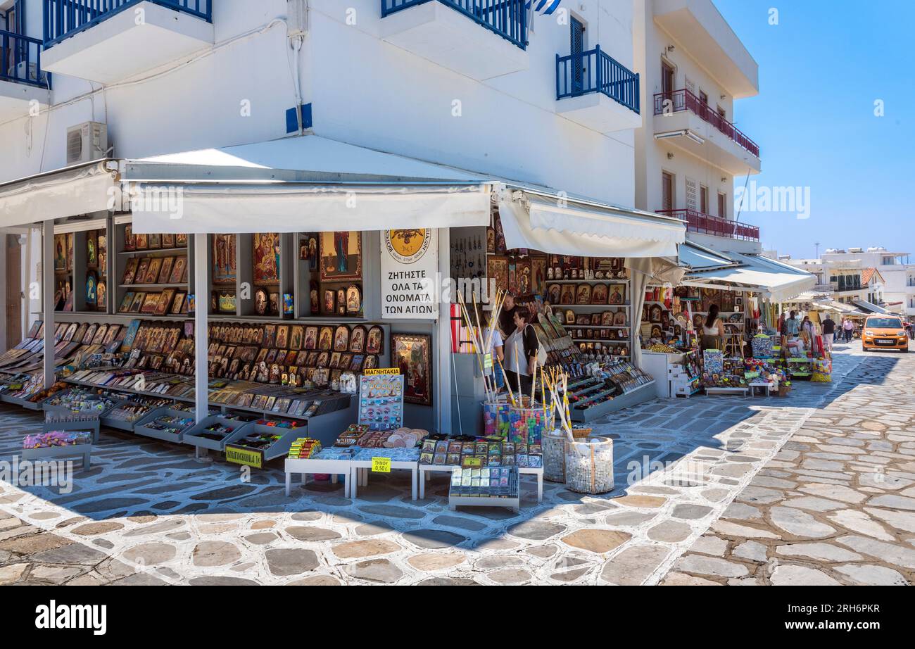 Geschäfte mit religiösen Ikonen, Tinos Town. Stockfoto