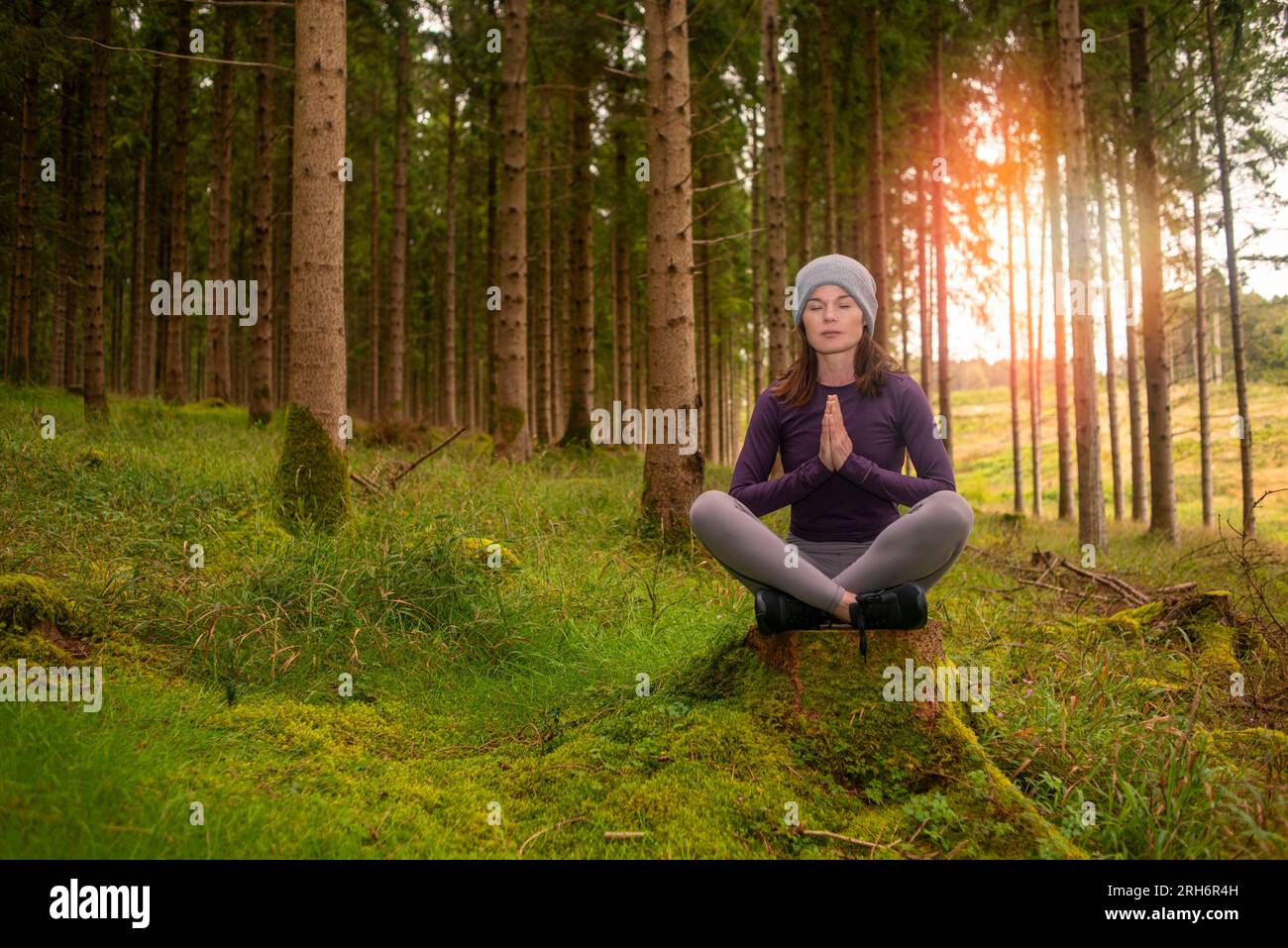 Eine Frau, die ihre Morgenmeditation in einem Wald macht. Konzept eines gesunden Lebensstils. Stockfoto