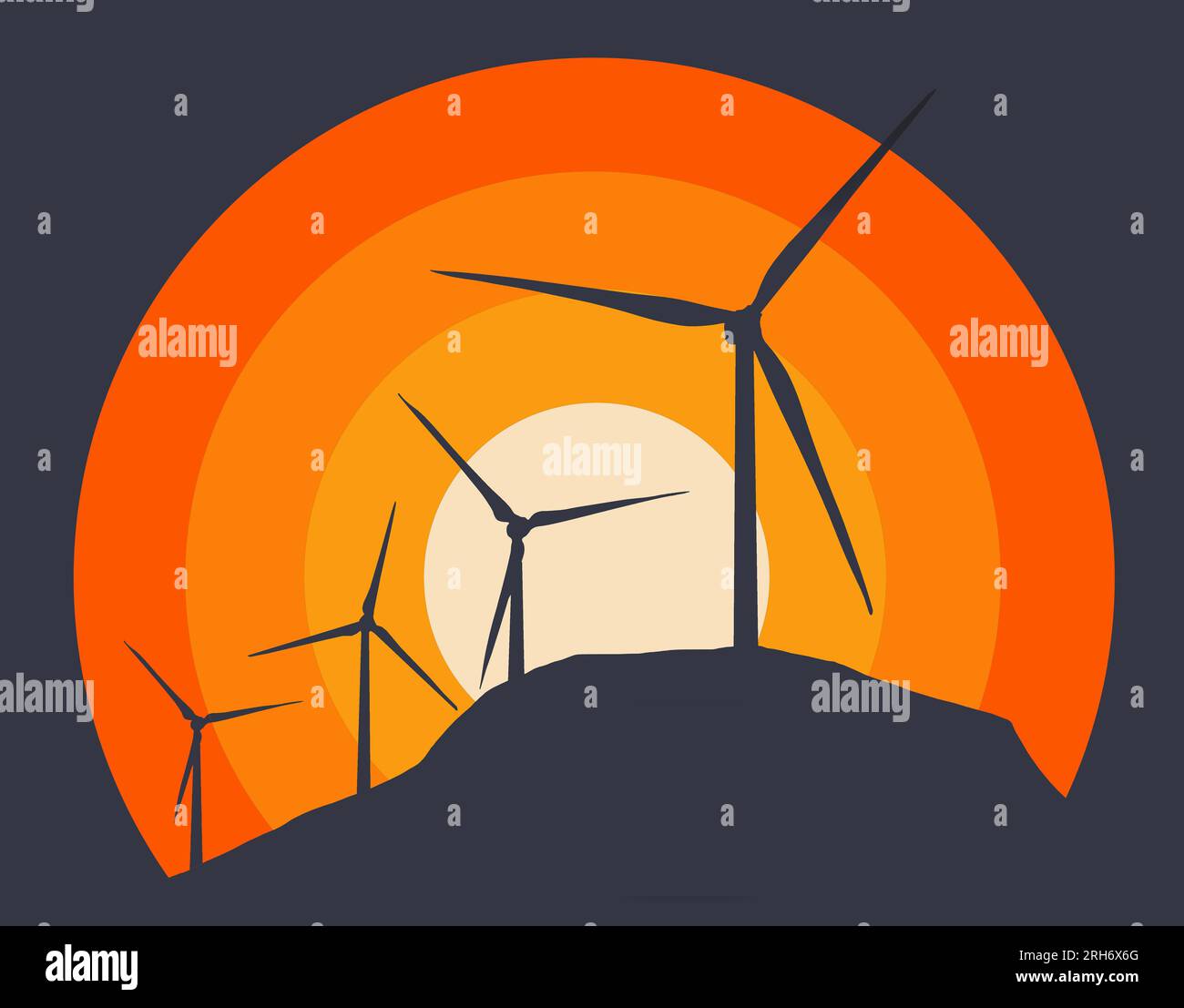 Windturbinen, die elektrische Energie erzeugen, sind vor einer untergehenden Sonne in Orange, Gelb und Blau zu sehen. Stockfoto