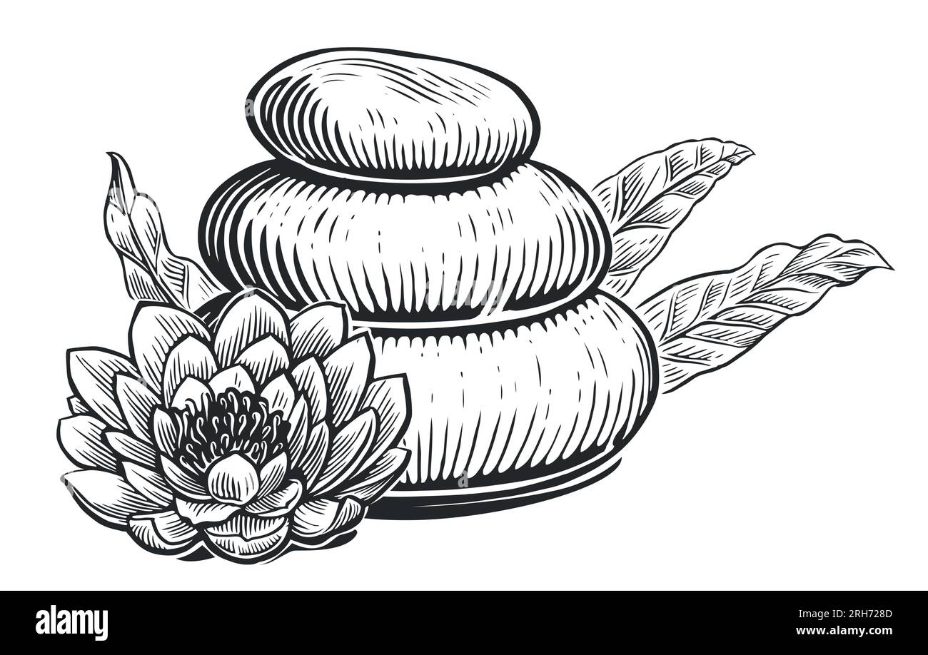 Zen-Spa-Basaltsteine mit Blütenlilie und Eukalyptusblättern. Massagetherapie-Skizze Vintage-Vektordarstellung Stock Vektor