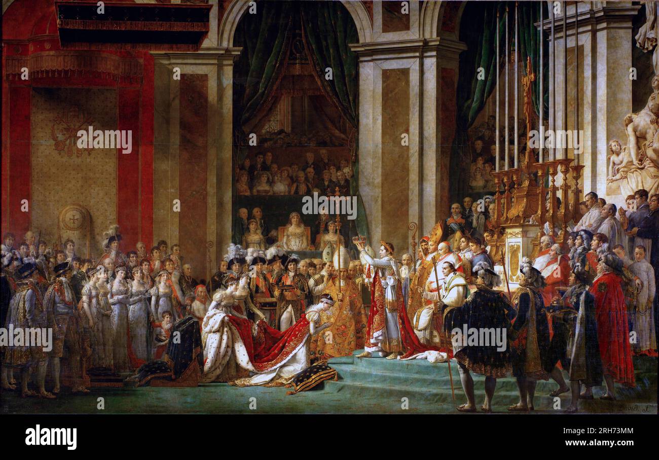 Krönung von Kaiser Napoleon I. und Krönung der Kaiserin Josephine in Notre-Dame de Paris, 2. Dezember 1804 Joséphine kniet vor Napoléon während seiner Krönung in Notre Dame. Hinter ihm sitzt Papst Pius VII Von Jacques-Louis David Stockfoto