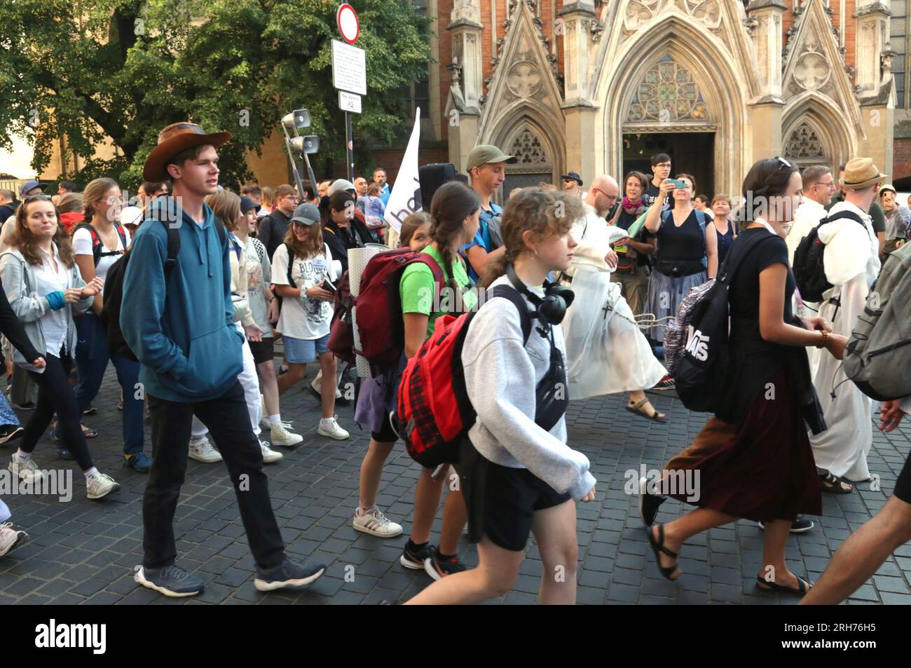 Krakau. Krakau. Polen. Beginn der jährlichen Wanderpilgerfahrt nach Jasna Gora in Czestochowa, dem Heiligtum der Schwarzen Madonna. Stockfoto