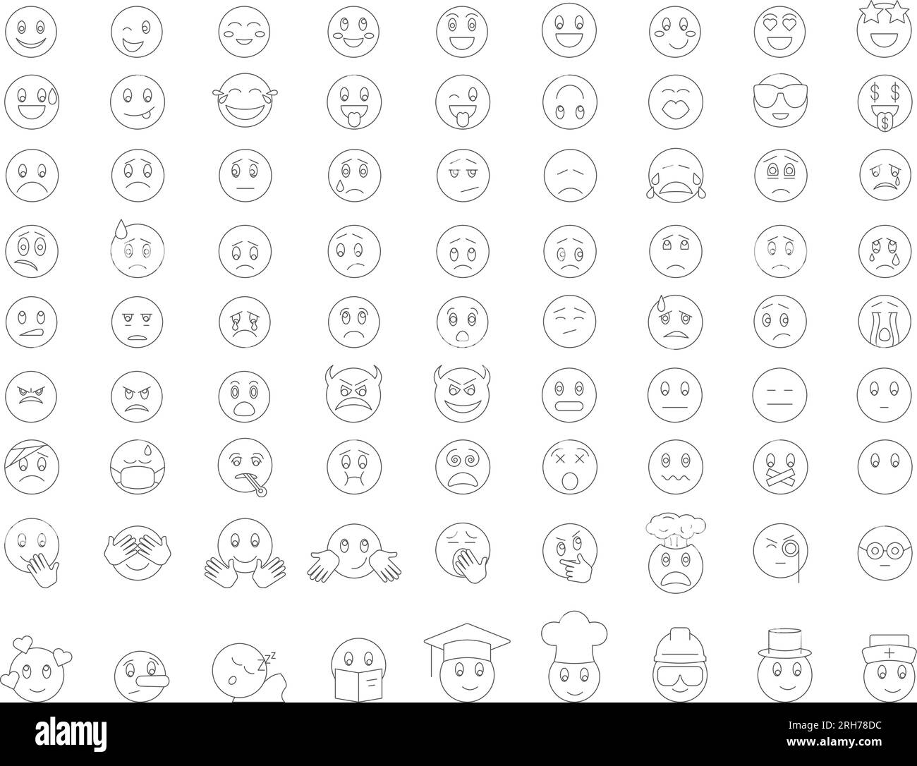 Emoji-Reaktionen-Icons-Set. Emoticons, Gesichtsausdrücke. Bearbeitbare Kontur. Vektorsammlung Für Einfache Symbole Stock Vektor