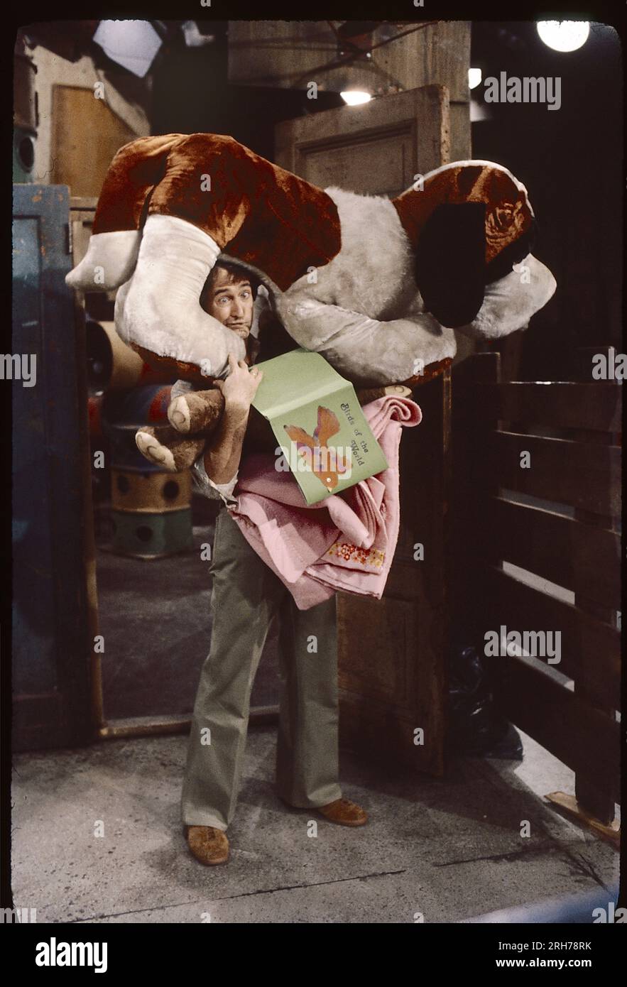 Ein Foto von 1977 aus dem Set der Sesamstraße mit dem Schauspieler Bob McGrath, der Ben Johnson spielte, der ein Gesicht mit einem großen Plüschhund auf seinem Kopf machte. In einem Studio am Broadway an der Upper West Side von Manhattan. Stockfoto