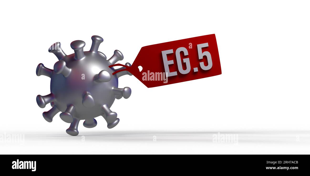 Breaking News: „ERIS EG.5,1“ gefährliche neue COVID-Subvariante des SARS-CoV-2-Coronavirus-Textes auf Namensschild über 3D-Rendering COVID-19 glänzende Bakterienzellen Stockfoto