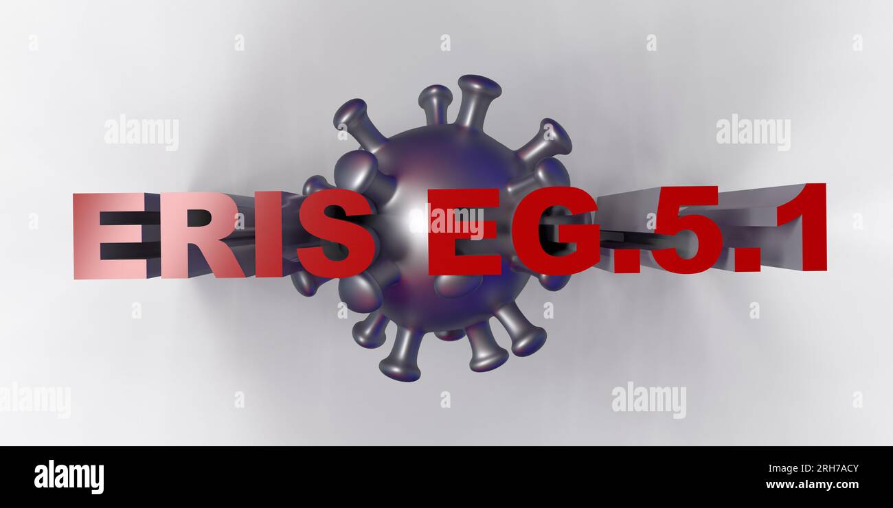 Breaking News: COVID 'ERIS EG.5,1' neue Subvariante des SARS-CoV-2-Coronavirus in roten Buchstaben über 3D macht COVID-19-Bakterienzellen ins Rampenlicht Stockfoto