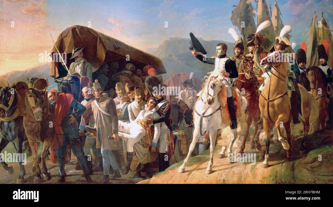 SCHLACHT VON ULM 16-19. OKTOBER 1805. Napoleon salutiert in einem Gemälde von Jean-Baptiste Debret vor den besiegten österreichischen Streitkräften. Stockfoto