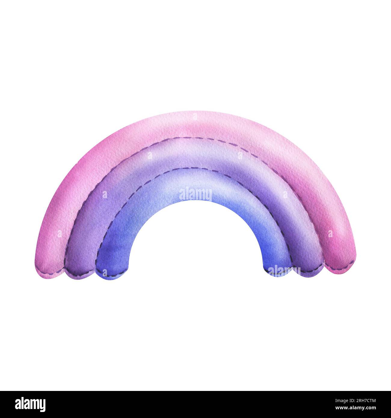 Ein Regenbogen in Blau, Pink und Lila, der aus Stoff mit Fäden genäht wurde, ist bedruckt. Handgezeichnete Aquarelle für Kinderzimmer, Poster Stockfoto
