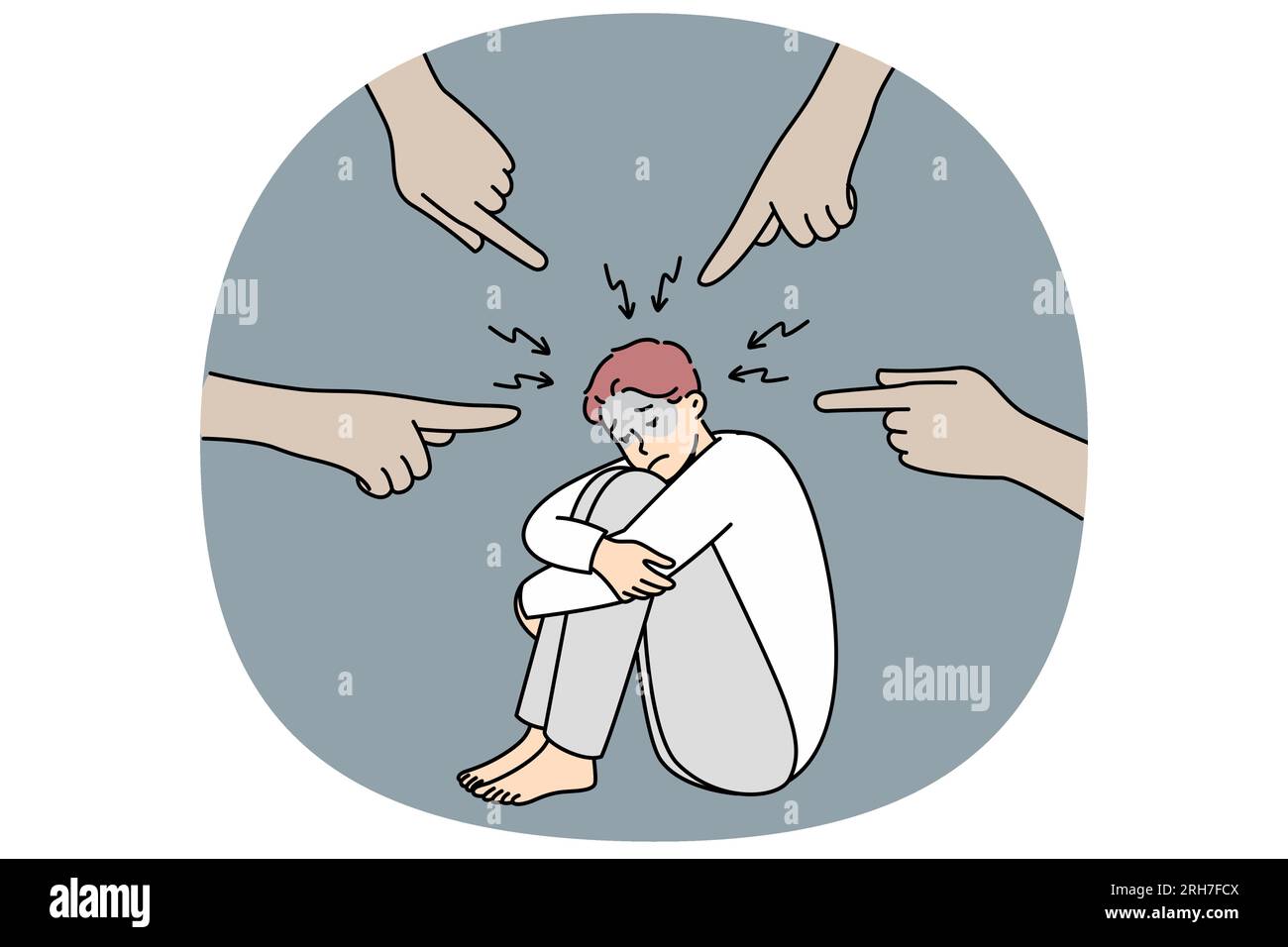 Deprimierter Mann, der auf dem Boden sitzt und Angst von den auf ihn zeigenden Händen empor fühlt. Anonyme Menschen Finger machen gestresst männlich schuldig. Depression und Angst. Vektorgrafik. Stock Vektor
