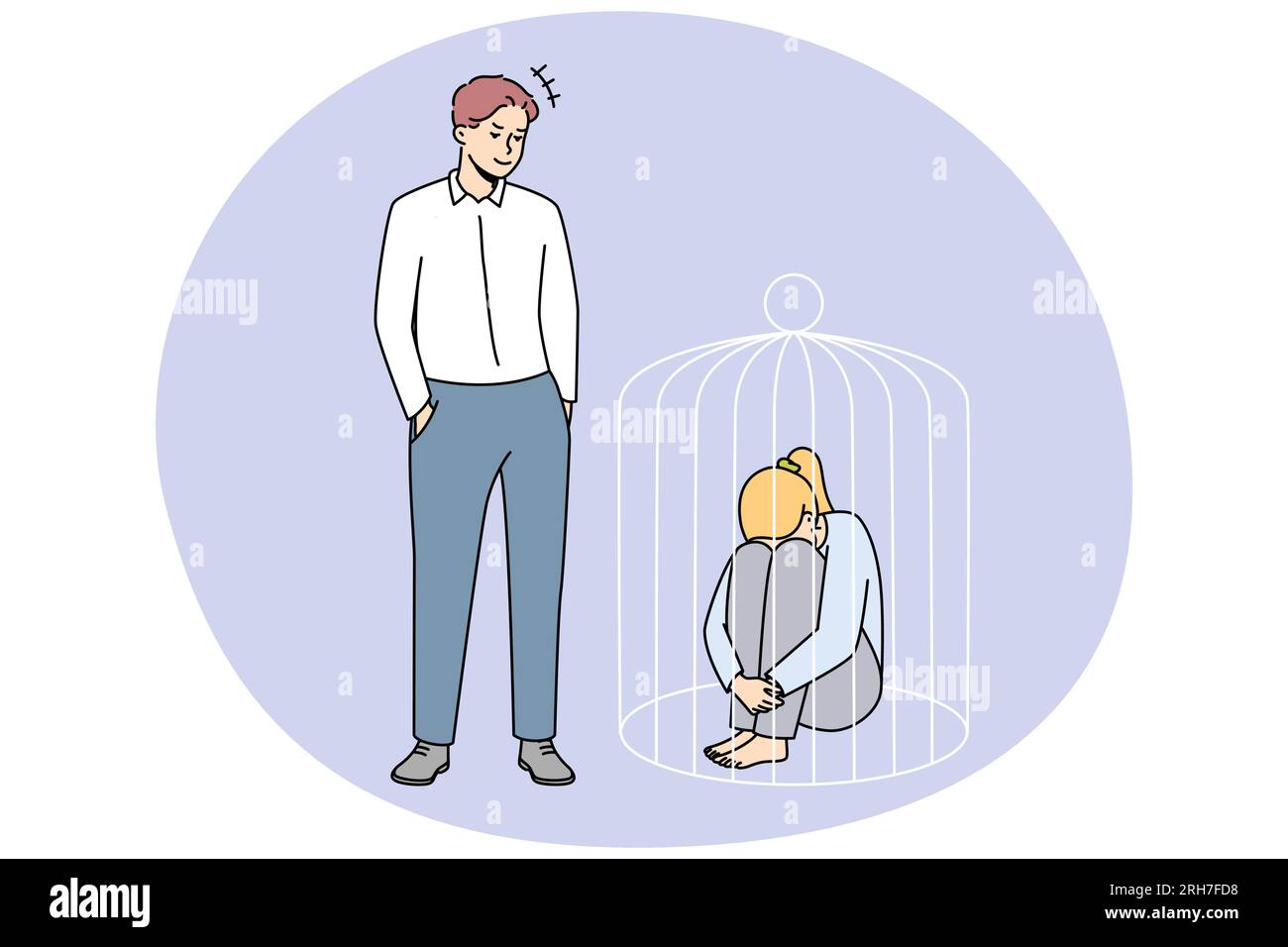 Autoritärer Mann sperrt Frau im Käfig ein. Frau leidet unter häuslicher Gewalt und ohne Rechte. Konzept toxischer Beziehungen. Vektorgrafik. Stock Vektor
