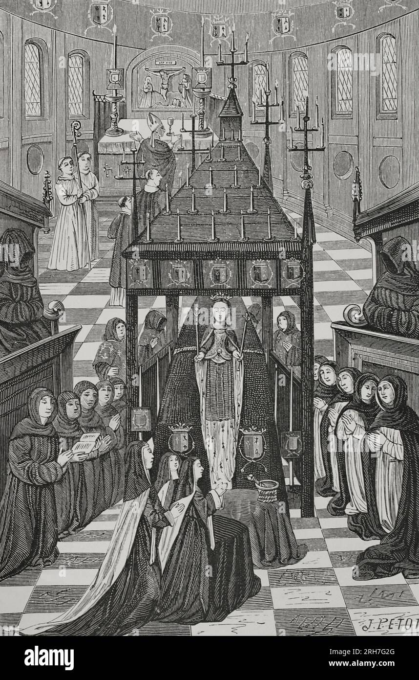 Anne von der Bretagne (1477-1514). Herzogin der Bretagne und Gemahlin Frankreichs (1491-1498, 1499-1514). Sie starb am 8. Januar 1514 im Château de Blois. Die Beerdigungszeremonie fand am 4. Februar 1514 in der Kirche Saint-Sauveur statt. Die Beerdigungen fanden über einen Zeitraum von 40 Tagen statt. Vor dem Sarg stand die Statue, mit dem Zepter und der Krone. Die cordeliers (Franziskaner) und die Jakobins knieten. Der Bischof von Paris hat die Messe eröffnet. Gravur nach einer Miniatur in „Le Trespas de l'Hermine regrettée“, Ca. 1515. "Vie Militaire et Religieuse au Moyen Age et à l'Epoque Stockfoto