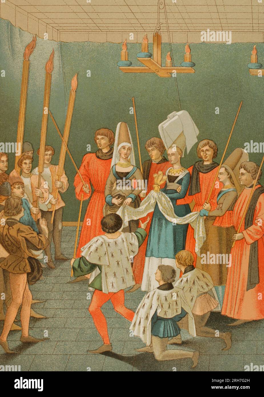 Die Dame, die den Preis des Turniers überreicht. Chromolithographie von Régamey nach "Tournois du roi René", Ca. 1489. "Vie Militaire et Religieuse au Moyen Age et à l'Epoque de la Renaissance". Paris, 1877. Stockfoto