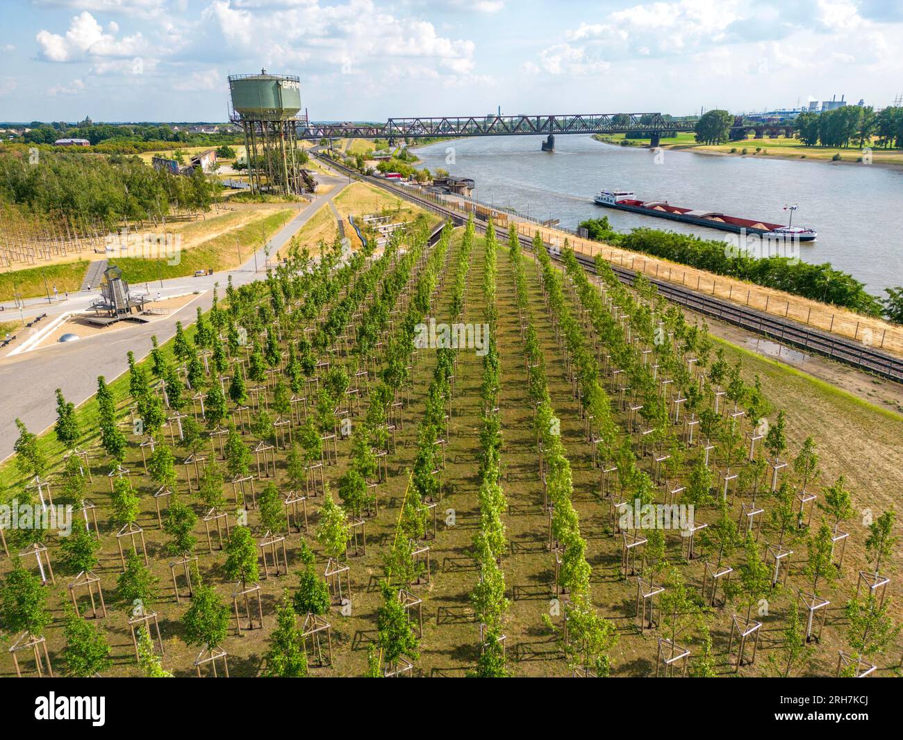 Der Rheinpark in Duisburg-Hochfeld am Rhein ist seit über 150 Jahren der Standort der Schwerindustrie, heute ein 60 ha großes Freizeitzentrum, über 3000 neu angepflanzte cli Stockfoto