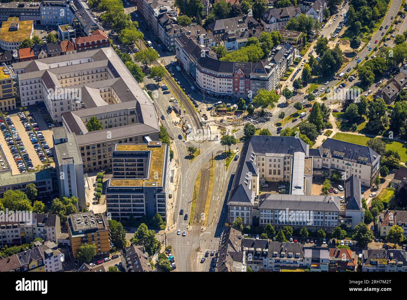 Luftaufnahme, Haumannplatz mit Baustelle, Zweigertstraße, Bezirksgericht, Rüttenscheid, Essen, Ruhrgebiet, Nordrhein-Westfalen, Deutschland Stockfoto