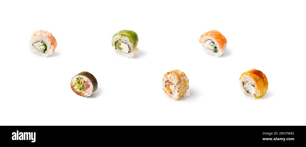 Sushi-Brötchen mit Garnelen, Lachs, Käse, Avocado isoliert auf weißem Hintergrund, Nahaufnahme, Werbung, Banner. Stockfoto