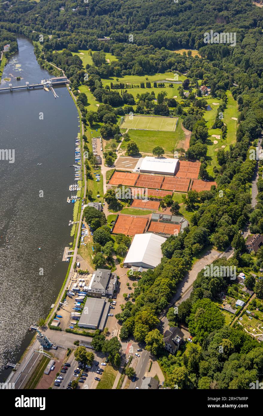Luftaufnahme, ETUF Freizeit-, Sport- und Kulturveranstaltungs GmbH, Tennis- und Golfplätze, Wehr am Baldeneysee, Bootsanlegestelle AGFS Bootsv Stockfoto