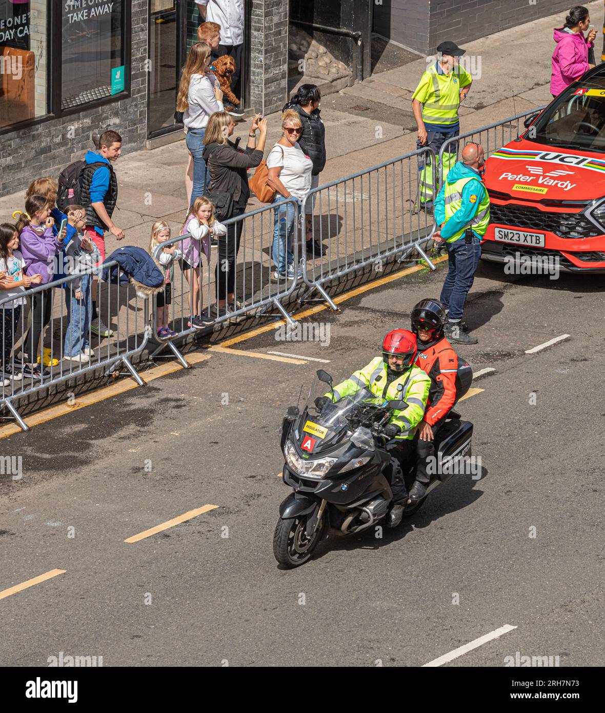 Motorrad, das den Regulator für die UCI-Weltmeisterschaft 2023 in Glasgow weint. Stockfoto