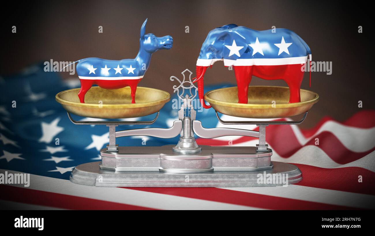 Republikaner und Demokraten Partei politische Symbole Elefant und Esel auf der amerikanischen Flagge. 3D-Darstellung. Stockfoto