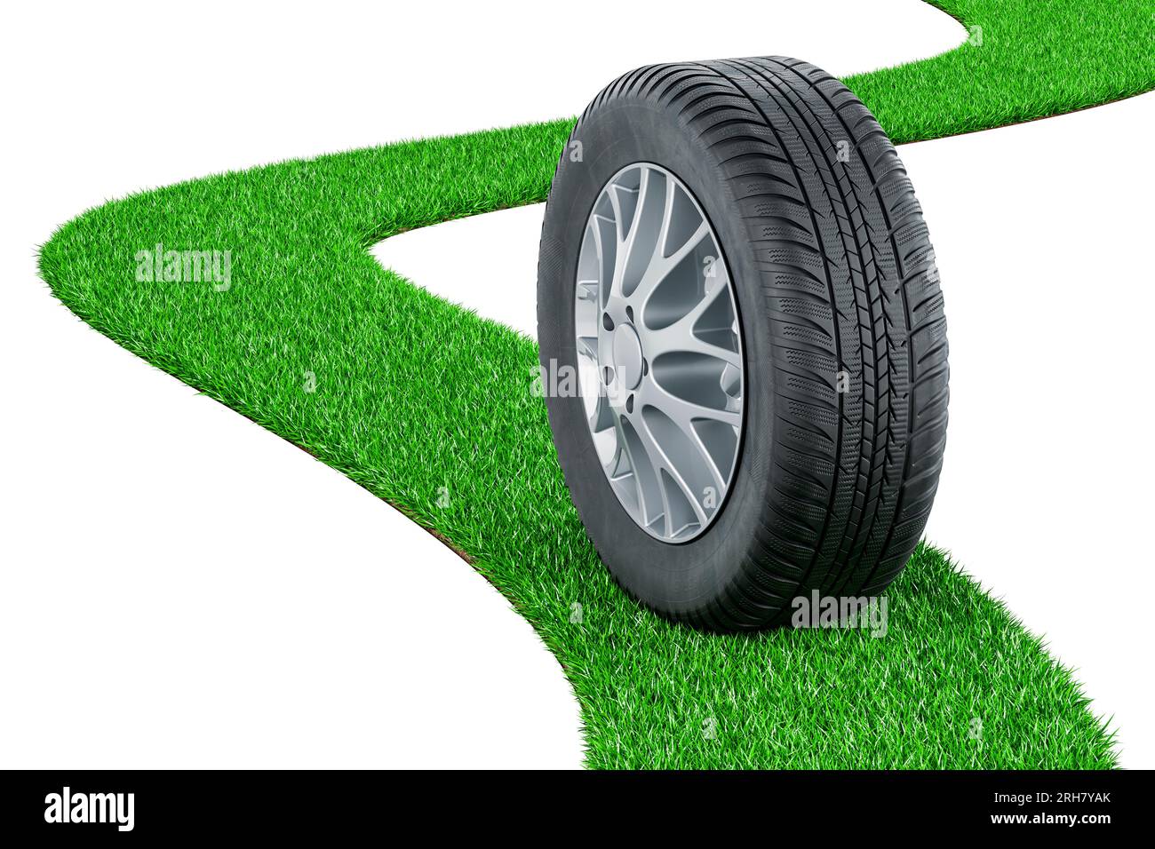 Autorad auf grünem Grasweg, 3D-Rendering isoliert auf weißem Hintergrund Stockfoto